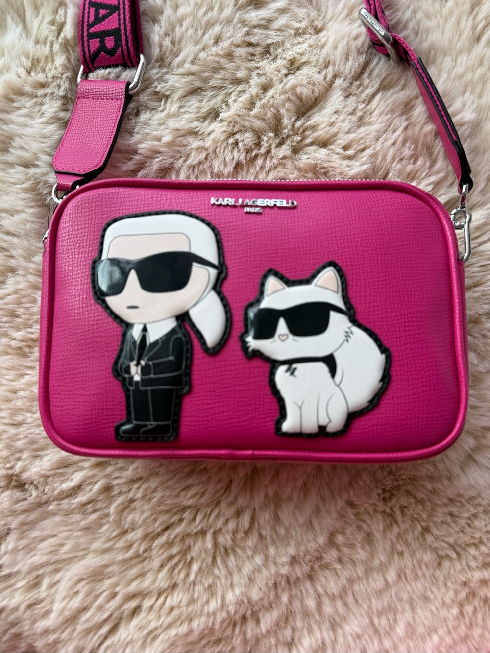 Karl Lagerfeld Fuchsia Crossbody Camera Bag with Character Appliques